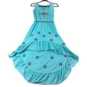 Johnny Was JW Los Angeles Dress Small Blue Embroidered Boho‎ Maxi Sleeveless